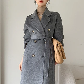 2023 חורף אלגנטי דו צדדית 100% צמר תערובות מעיל כפול עם חזה ארוך מעיל לנשים אופנה קוריאנית Casaco Feminino
