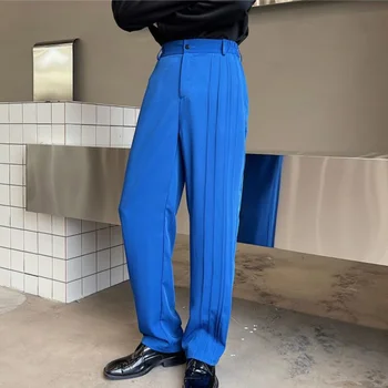 2023 קוריאני טרנדי עיצוב קפלים מכנסיים של גברים מזדמנים קומה החליפה התחתונה מכנסיים הכחול השחור בגדים S-XL
