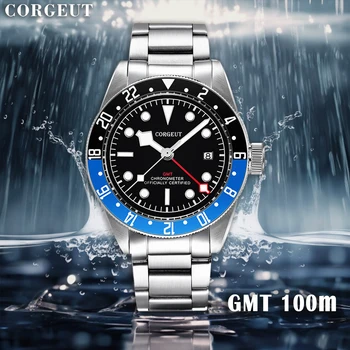 Corgeut 41mm האוטומטי מכאני שעון גברים GMT הכפול אזור זמן שחיה עמיד במים 100 מטר צלילה פלדה נסיעות Mens שעוני היד