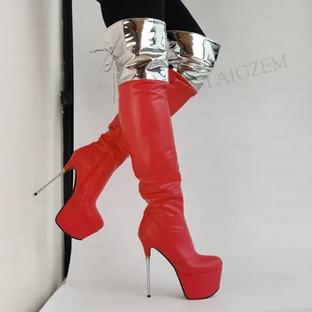 LAIGZEM נשים ירך גבוהה מגפי מתכת קפלים פגיון עקבים גבוהים בצד Zip מעל הברך מגפי נעלי קוספליי אישה גדולה בגודל 33 41 43