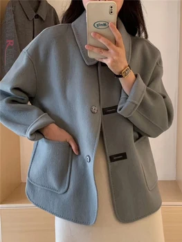 LANMREM קוריאני סגנון מעיל צמר לנשים דש לחרוך עם חזה מוצק צבע אופנה בגדי 2023 סתיו החורף חדש 2AA1778