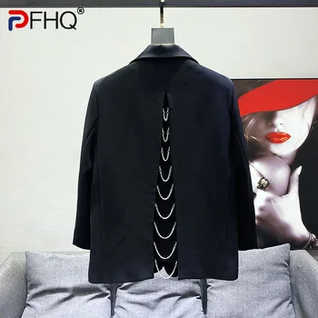 PFHQ מוצק צבע שרוול ארוך לגברים קפלים חלול החוצה סיבתי קוריאנית בלייזרס אחת עם חזה מעיל של גברים 2023 סתיו חדש 21F3408
