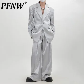 PFNW קוריאנית Fahsion חליפה של גבר קבוצות נישה עיצוב כרית כתף בלייזר גברי מוצק Colro רחב הרגל חליפת המכנסיים סתיו 2023 חדש 28W1204