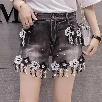 הקיץ של נשים ג 'ינס מכנסי אופנה גבוהים מותניים רזה רקמה ג' ינס שחור תלמיד ציצית פשוטה קוריאנית קצרים רחוב מגמה Y2K