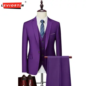 (חליפה+גופיה+מכנסיים) של האופנה הגברים מוצק צבע עסקי מזדמן החליפה להגדיר החתונה החתן כפתור אחד שמלה חליפה שלושה חתיכת קבוצה 6XL