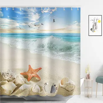 כוכב ים חוף מקלחת וילונות 3D קונכיות הים נושא עמיד למים בד פוליאסטר אמבטיה עיצוב עם ווים וילונות אמבטיה