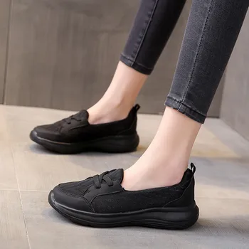 נשים מקרית מוצק צבע נעלי תחרה עבה סוליות סוליות רכות משקל נעליים בתוספת גודל גופר, גבירותיי נעלי הליכה שטוחות